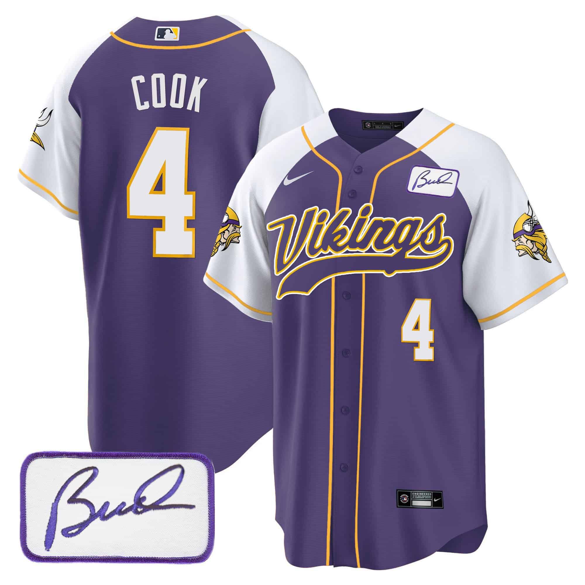 Men Minnesota Vikings 4 Cook Purple 2024 Nike Bud Grant Patch Classic Baseball NFL Jersey